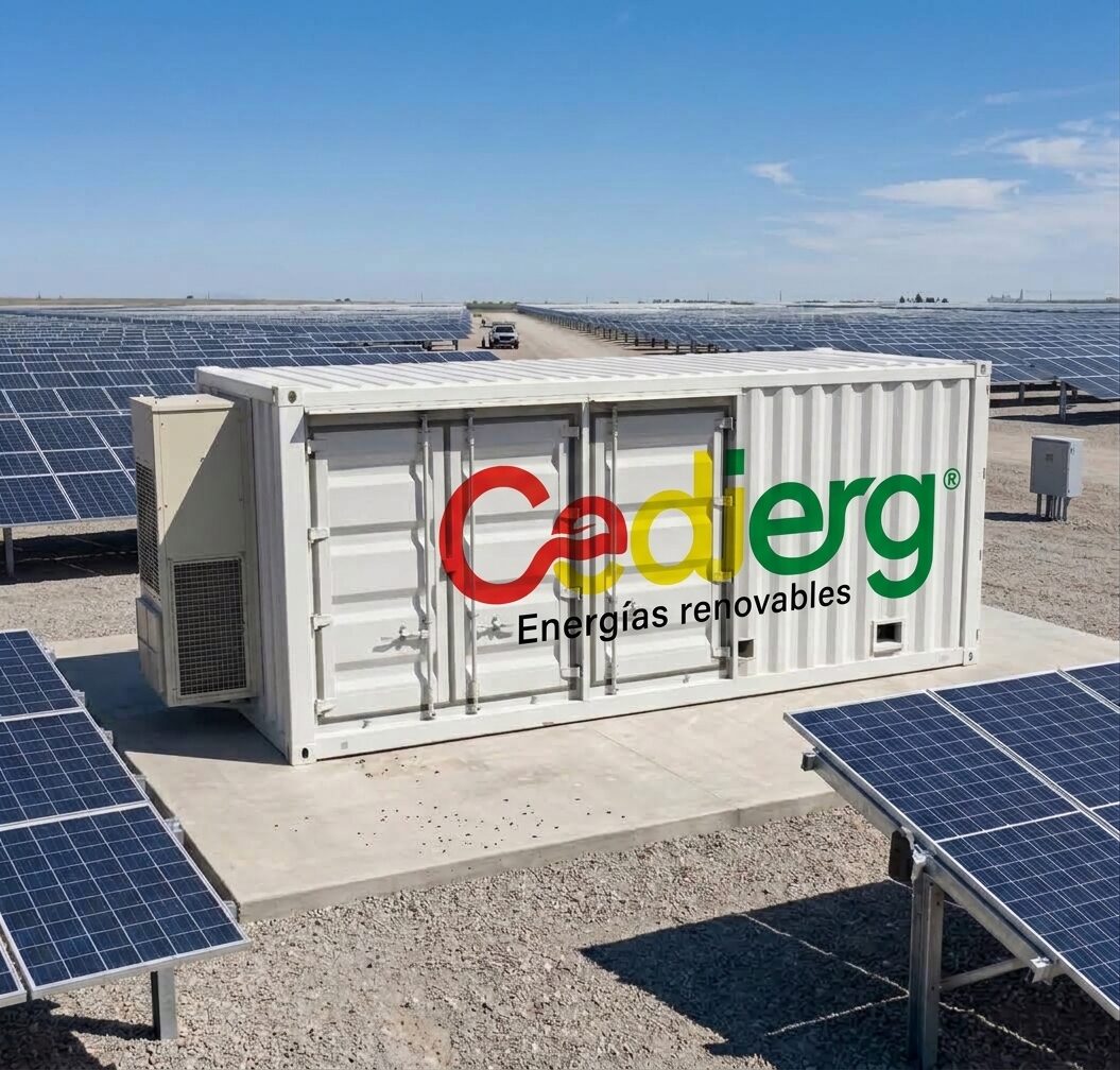 Contenedor de almacenamiento BESS CEDIERG junto a una planta solar