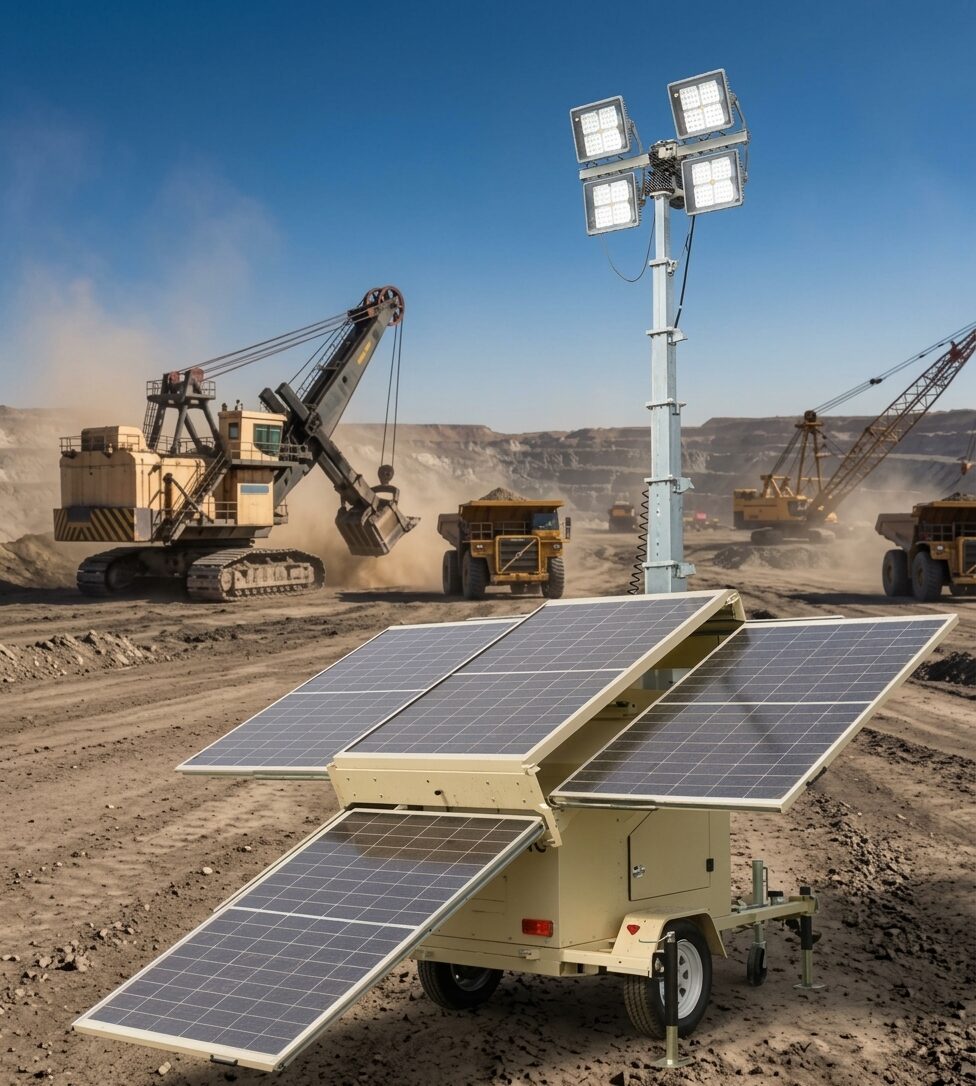 Torre de iluminación solar móvil en una operación minera